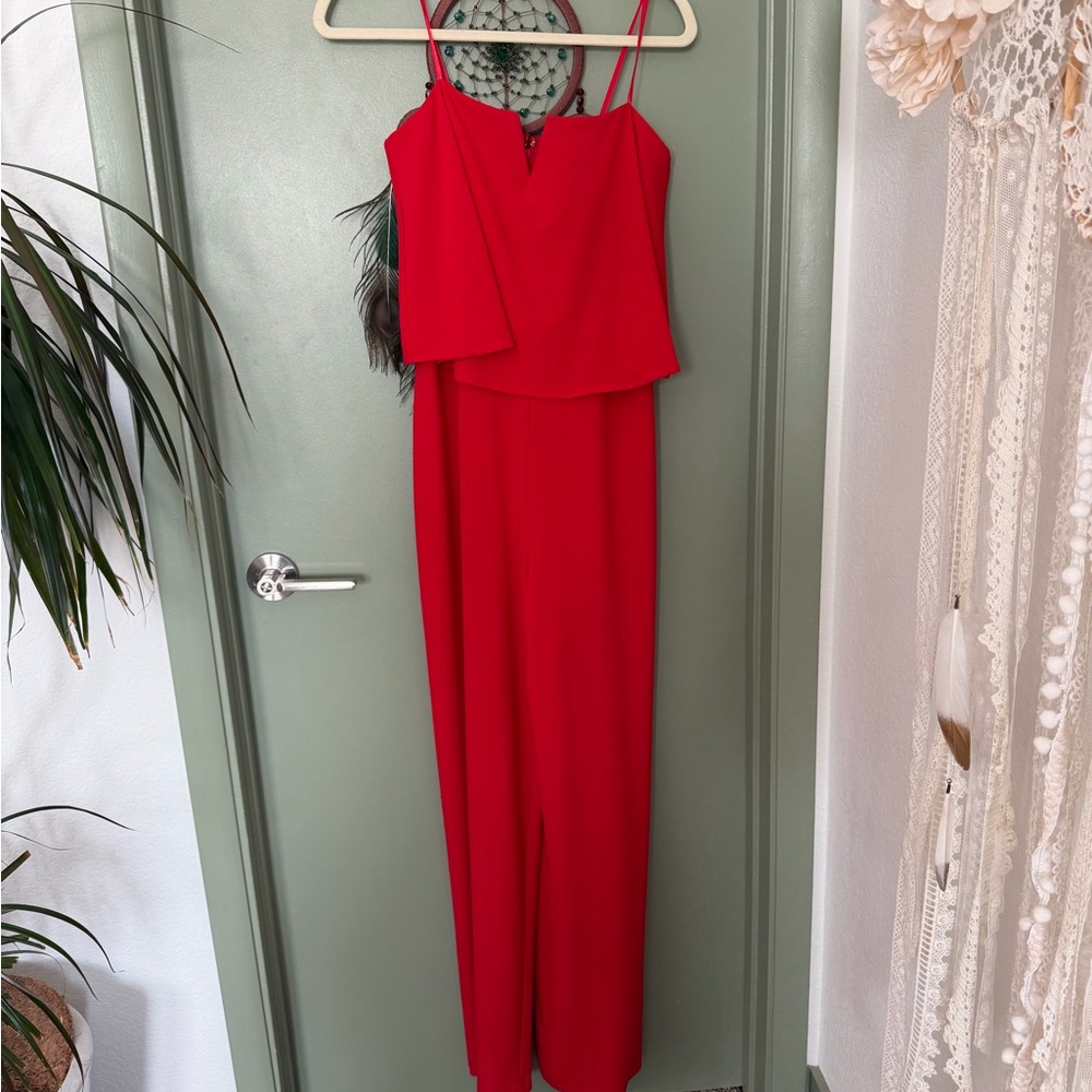 City Triangles Red Strapless Jumpsuit Size 7 | Wide Leg Layered Overlay